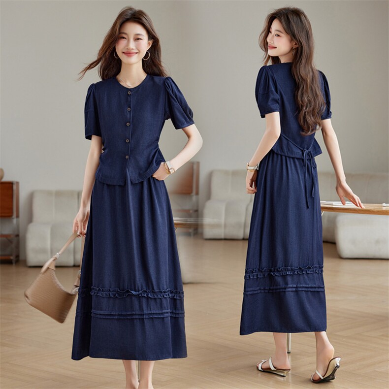 万-春季新款韩版设计感圆领短袖连衣裙女宽松显瘦百搭中长款裙子，女装套装/套裙，江南富贵女