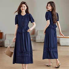 万-春季新款韩版设计感圆领短袖连衣裙女宽松显瘦百搭中长款裙子，女装套装/套裙，江南富贵女