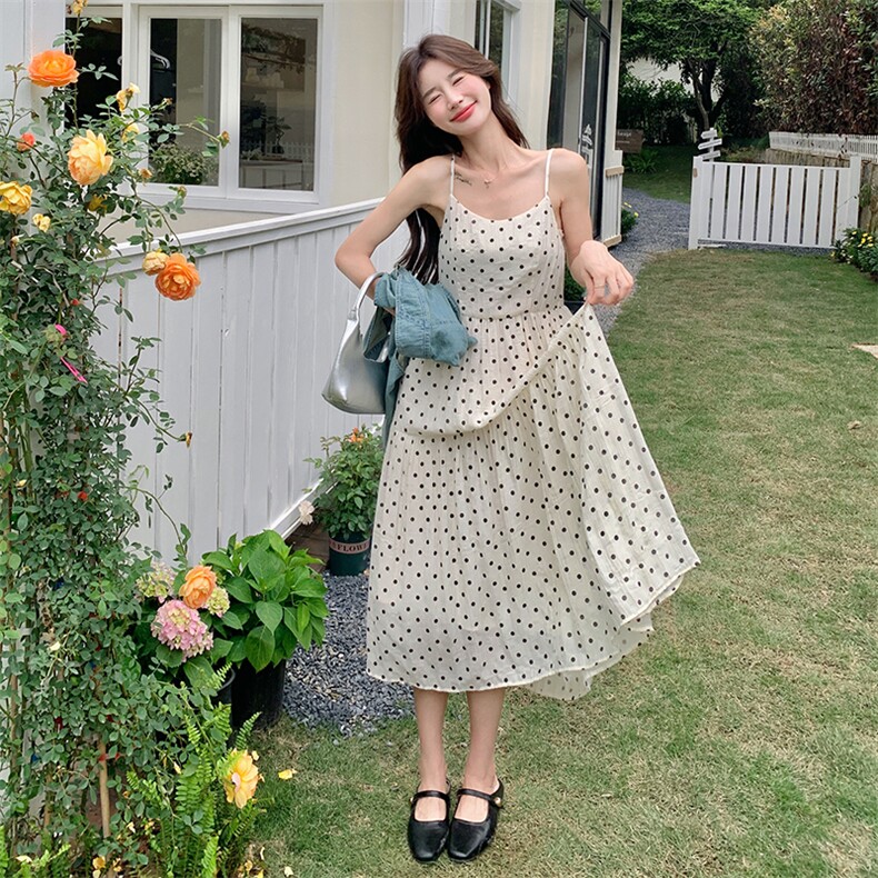 牛仔背心波点吊带连衣裙女2025夏季新款温柔风白色长裙,女装连衣裙,2C129