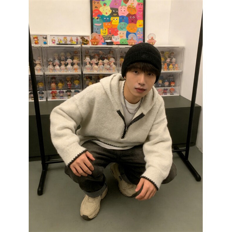 美式半拉链连帽套头针织衫男女同款秋冬外穿慵懒风宽松帽衫毛衣潮图片