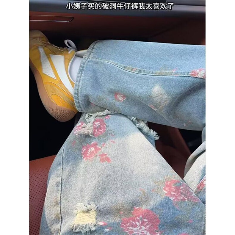 现货玫瑰破洞牛仔裤女满印裤美式高街设计感直筒长裤L66200-P50,男装牛仔裤,星座1008