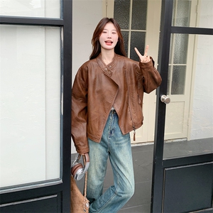 复古立领南瓜色皮衣短外套女春秋2025新款显瘦巨好看PU夹克高级感图片