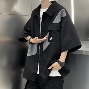 短袖衬衫男士夏季日系设计感小众拼接工装帅气休闲衬衣C2793-P33