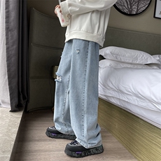 春新款男女高街破洞宽直筒个性潮牌牛仔裤长裤子NZ018批45控68，男装牛仔裤，星座715
