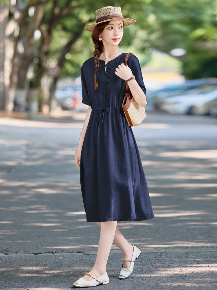 短袖连衣裙女夏2025新款小个子休闲宽松收腰显瘦洋气时尚减龄裙子,女装连衣裙,依万里