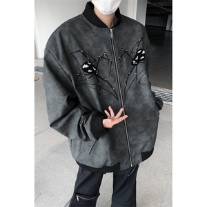 春秋美式蜘蛛刺绣pu皮夹克男女款拉链休闲宽松棒球服外套 JK8555图片