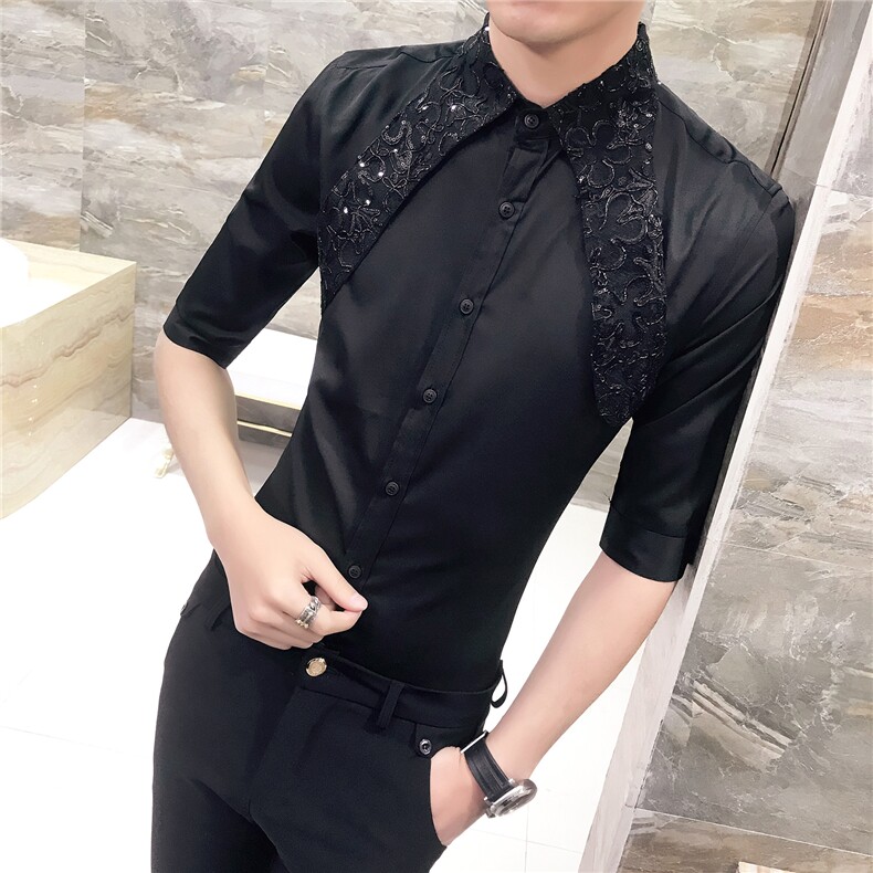 19夏男韩版修身衬衫发型师七分袖工作服夜店蕾丝亮片中袖D42,男装衬衫,星座419（原A233）