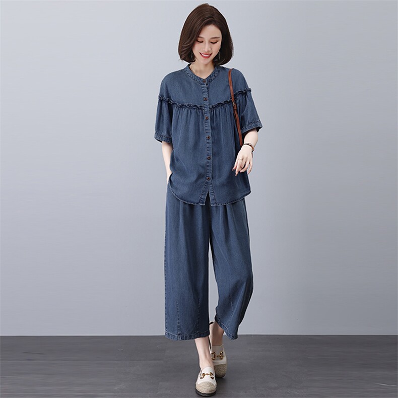 时尚夏季休闲牛仔套装宽松显瘦两件套，女装套装/套裙，悦见她