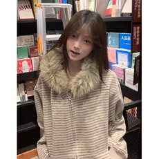 条纹连帽卫衣外套女秋冬季宽松毛领拉链开衫加厚上衣W9039，女装短外套，星座1116A（原606A-3）