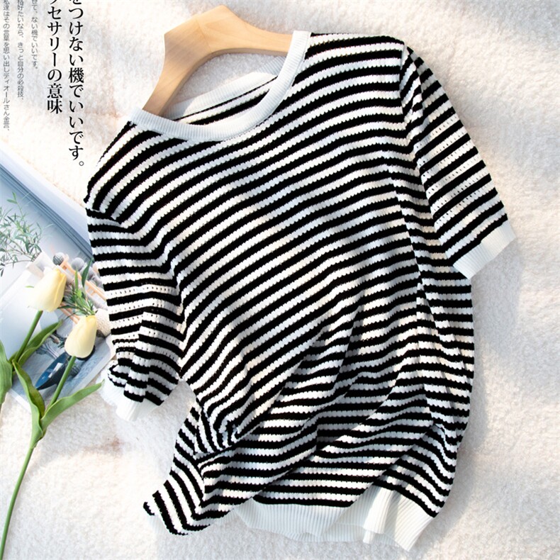 2024秋季新款时尚黑白条纹T恤慵懒百搭，女装T恤，松航羊绒