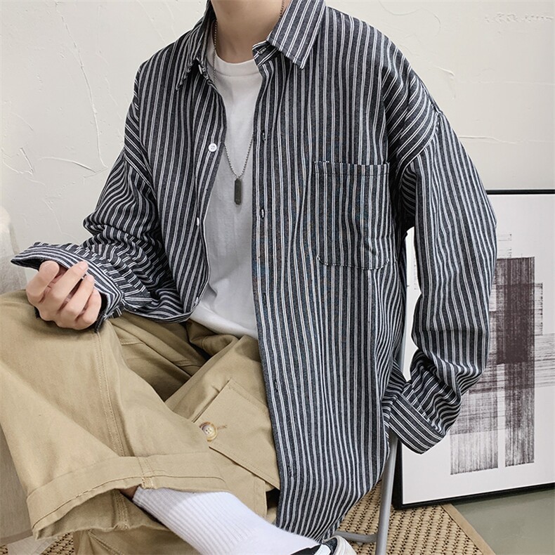 港风休闲宽松衬衣 外穿条纹百搭长袖衬衫男 CS23/图片