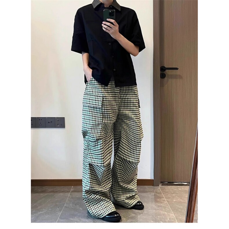 TWOMOONS两个月亮格纹复古口袋条纹炮弹裤阔腿长裤工装休闲裤男女,女装休闲裤,星座1210-1