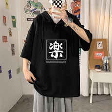 LD54197-P45连帽短袖t恤男大码胖子带帽五分袖中袖海报风，男装T恤，电商A040