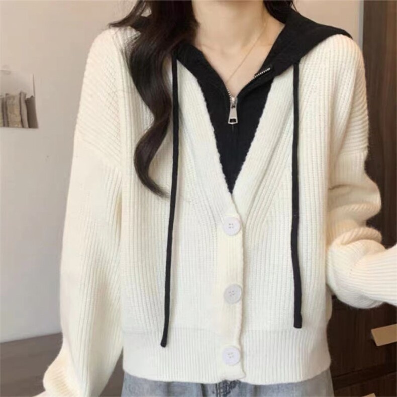 2024年秋季时尚潮流秋冬新款百搭舒适时尚简约假两件帽衫，女装卫衣/绒衫，萱芳婷羊绒