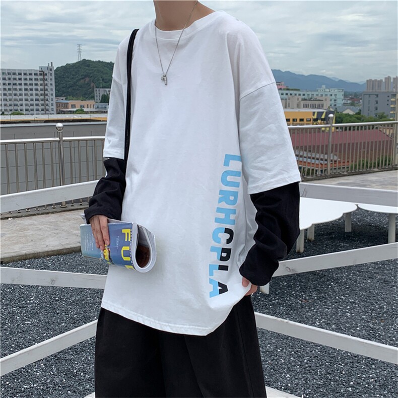 原宿风假两件长袖t恤ins超火宽松韩版设计感小众打底衫T697-P28,男装T恤,星座512-2