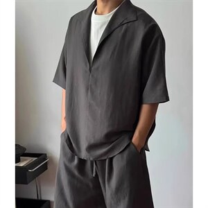 TZ555-P40假两件拼接V领短袖衬衫休闲套装老钱风穿搭垂感五分短裤图片