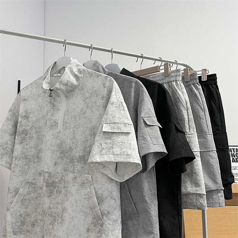 特批P55无差价夏季凉感冰丝扎染半拉链运动短袖短裤套装TZ5366，男装休闲套装，电商A001-1