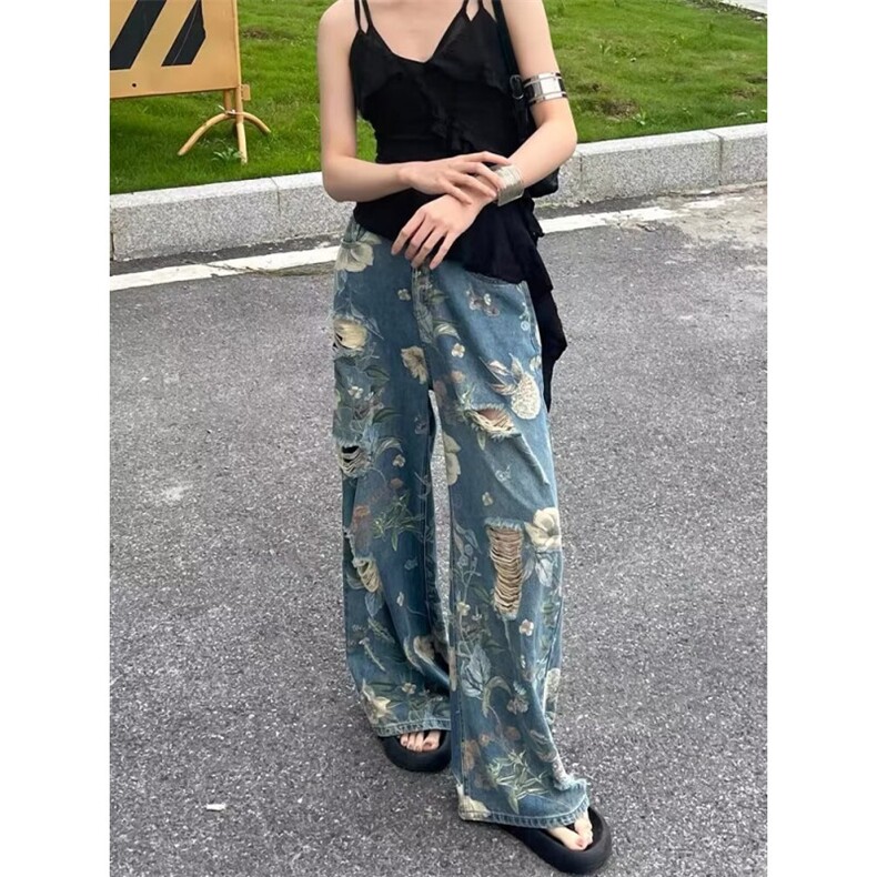 网络图现货!美式高街花卉印花破洞牛仔裤男女阔腿裤RK532-P60,男装牛仔裤,星座1005-6
