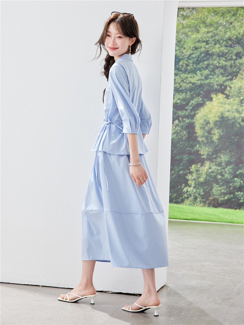 《现货26夏上新》清新蓝色休闲衬衫收腰+半裙两件套裙女,女装套装/套裙,时尚风爆