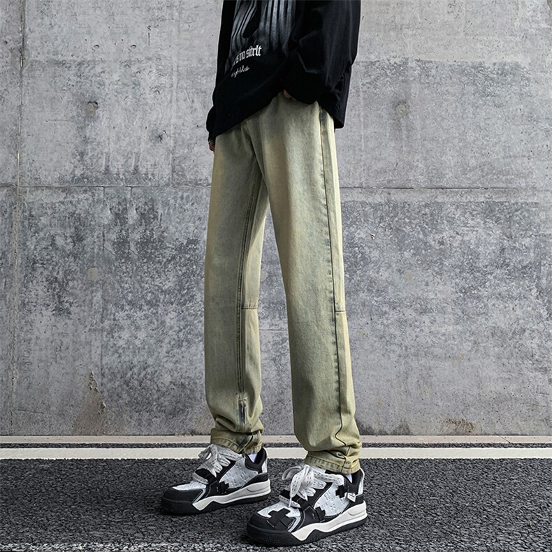 现货早春高街vibe修身长裤黄泥染拉链牛仔裤男K823-P55,男装牛仔裤,星座205