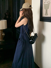 深蓝色圆领无袖连衣裙女2025夏季新款韩系设计感气质显瘦背心长裙，女装连衣裙，浙宝220