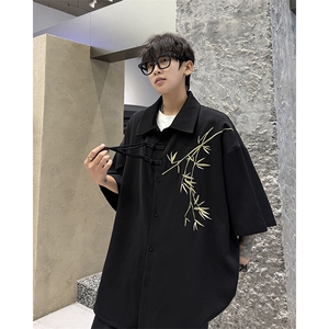 新中式短袖衬衫大码8XL-M风竹子刺绣冰丝唐装盘扣衬衣DC5007P48图片