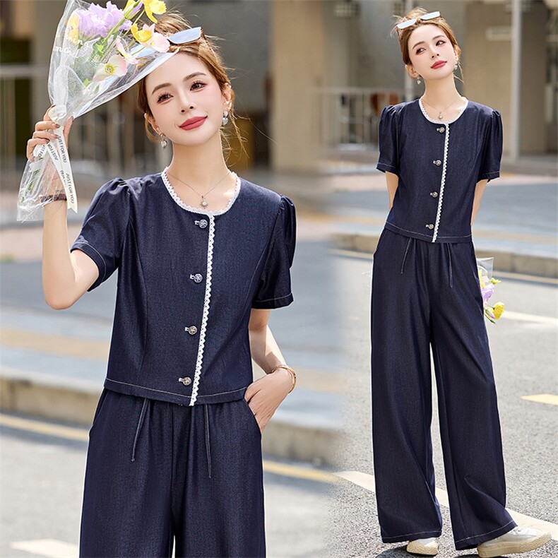 复古减龄天丝牛仔套装女2025夏季新款休闲短袖上衣阔腿长裤两件套，女装套装/套裙，罗腾
