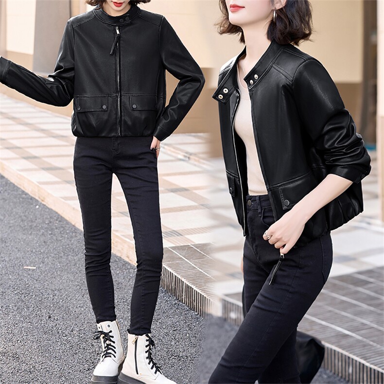 现货韩版短款皮衣女2024年春秋季新款减龄清新PU皮夹克小个子外套,女装皮衣,江南女神