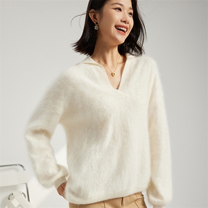 拉绒系列-秋冬新款纯山羊绒V领宽松休闲软糯气质女针织打底衫图片