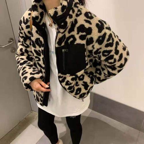 DG836潮牌豹纹立领仿羊羔毛外套,女装,L·H·X