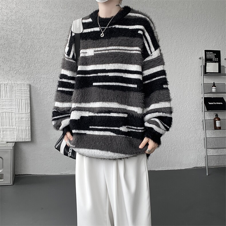 软糯马海毛条纹毛衣男厚实慵懒保暖毛线衣男针织衫男MY1223-P68,男装针织衫/毛衣,电商D206-1