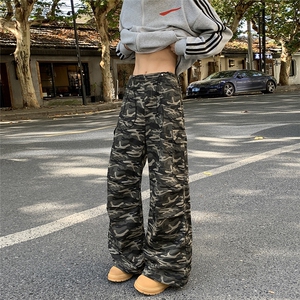 美式复古设计感迷彩工装裤多口袋宽松微喇直筒阔腿休闲裤图片