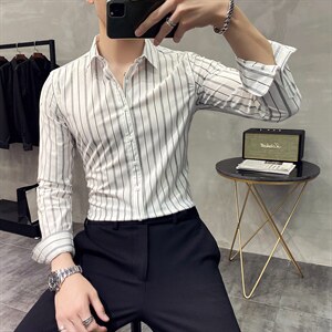 21秋季M-5XL条纹衬衫男长袖韩版修身休闲衬衣男 打底 CS203TP45图片