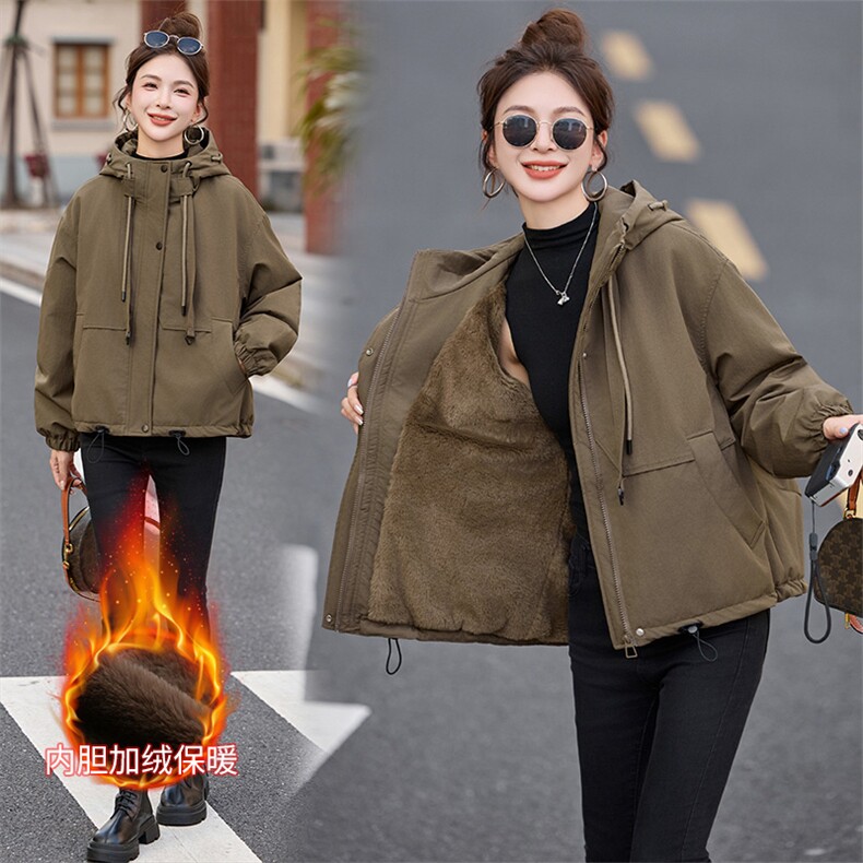现货！现货！加绒保暖派克服外套女2025冬季新款宽松休闲连帽棉服,女装棉衣/棉服,以桐