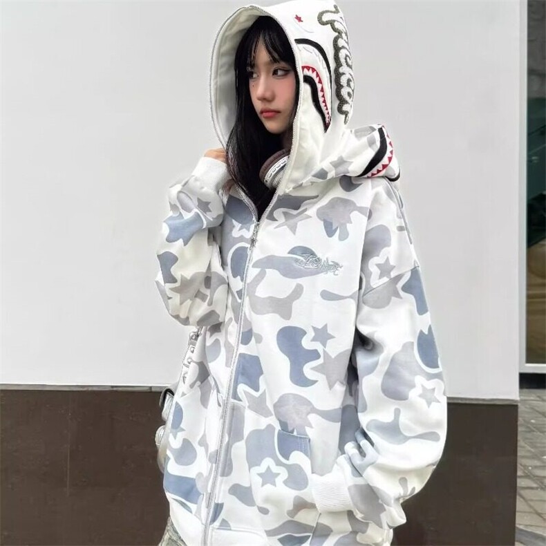 美式复古双帽迷彩连帽卫衣女春秋季潮宽松情侣开衫鲨鱼外套,女装卫衣/绒衫,星座506A