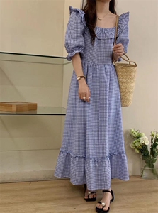 爆单格子连衣裙,女装连衣裙,唇蔻