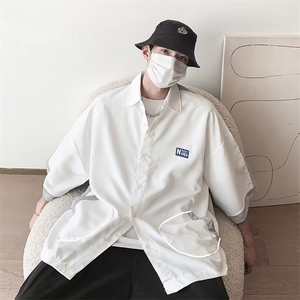 夏季宽松简约拼接短袖衬衫男女上衣高级感五分袖开衫衬衣 C2217图片