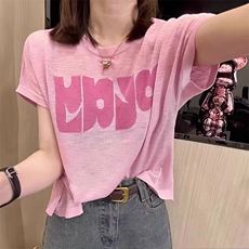 2025春夏新款圆领套头字母短袖女竹节麻轻薄透气减龄休闲T恤遮肉，女装T恤，奢优羊绒