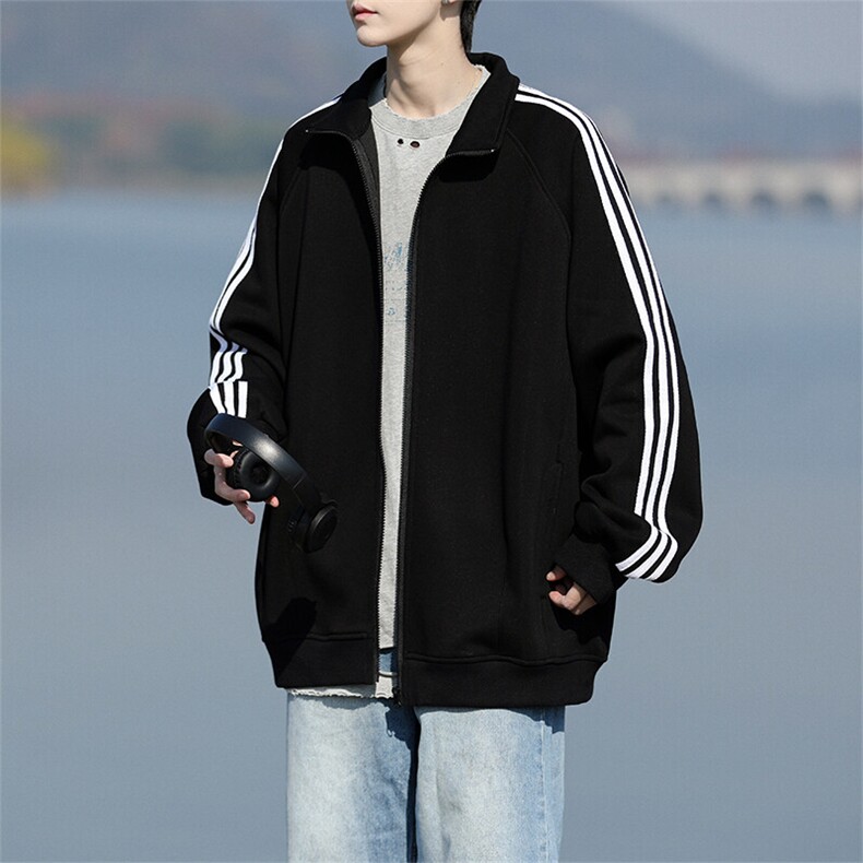 8XL-M三条杠运动卫衣特大码美式条纹立领夹克开衫外套JK5205/P65图片