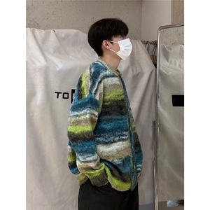 788-P60 美式复古彩色条纹撞色开衫毛衣男女慵懒圆领宽松休闲图片