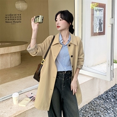 卡其色复古格纹袖口拼接风衣外套女2025秋季英伦风气质中长款大衣，女装风衣，2C092