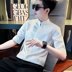 夏季中袖新中式男装立领衬衫男士短袖7分袖中山装七分袖衬衣，男装T恤，星座506A