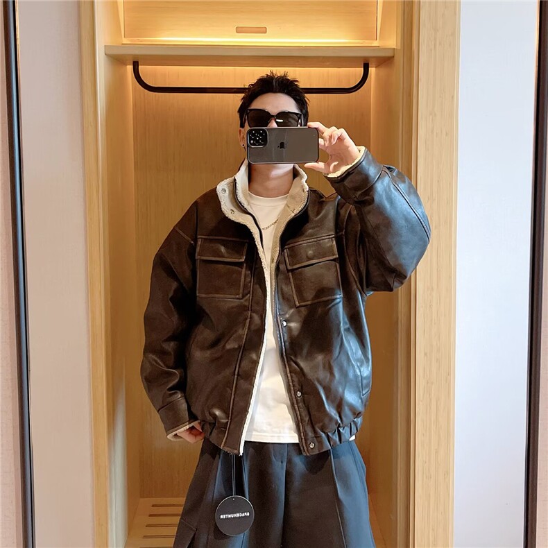 网图做旧复古羊羔毛皮衣棉服工装飞行员棉衣外套A025-SY1187-P125,男装皮衣,电商A025