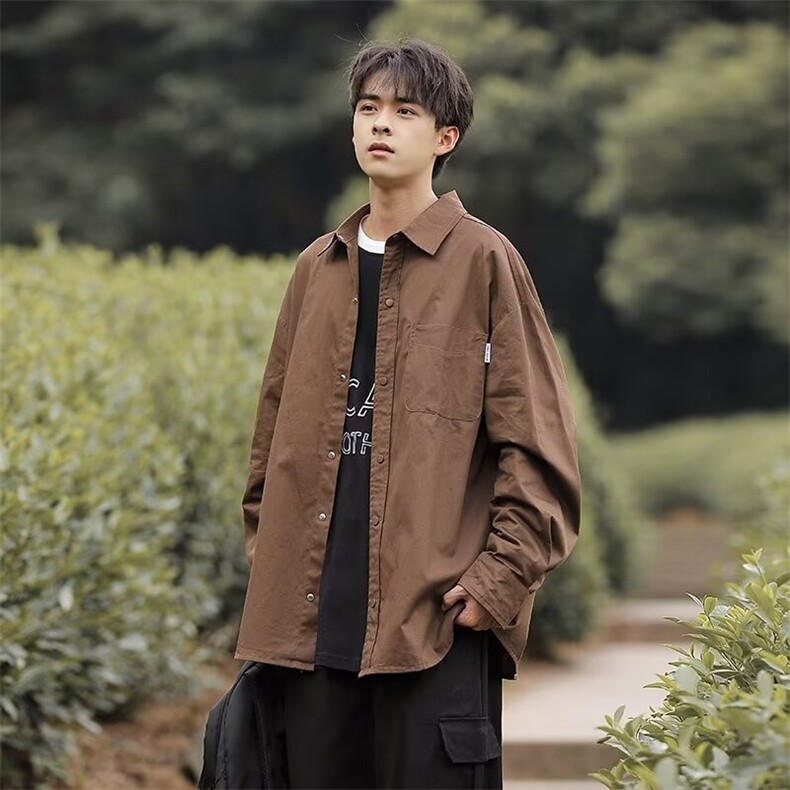 日系纯色简约工装衬衫男款春秋季宽松休闲百搭叠穿长袖衬衣外套潮图片