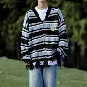 秋冬季新款美式复古条纹针织衫男女宽松休闲情侣开衫毛衣潮MY9230图片