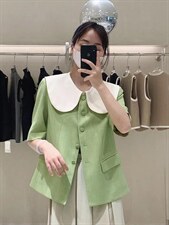 2022薄款气质娃娃领中袖短款上衣，其它，Miss 梨儿