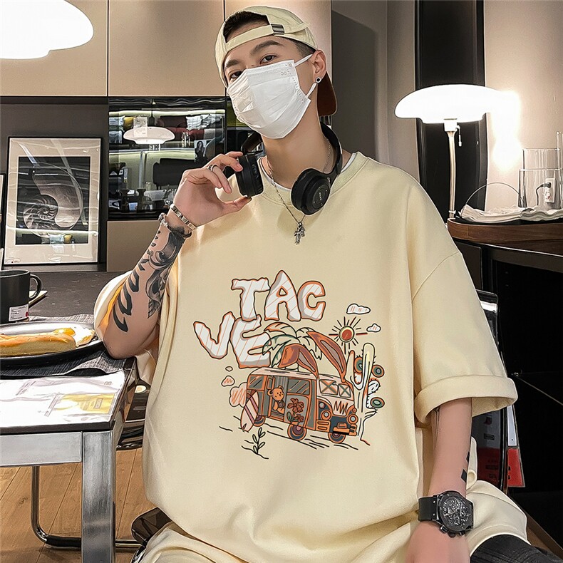 港风23新款夏季时尚百搭圆领卡通印花宽松短袖T恤T61107P25控38图片