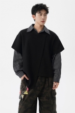 8XL-M条纹拼接街头风宽松显瘦不对称设计感假两件卫衣衬衫WY17P58，男装卫衣，电商D206-1