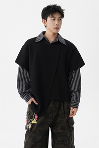 8XL-M条纹拼接街头风宽松显瘦不对称设计感假两件卫衣衬衫WY17P58图片