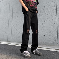破洞牛仔裤新款美式夏季薄款宽松休闲微喇裤，男装牛仔裤，星座410-6（原星座1304-1）